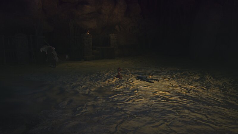 Cave scene with fallen characters