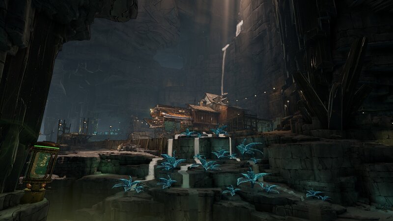 Cave Settlement with Glowing Plants