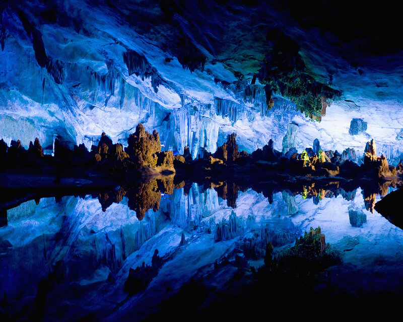 Cave Stalactites and Stalagmites — Blue, Dramatic, Photograph