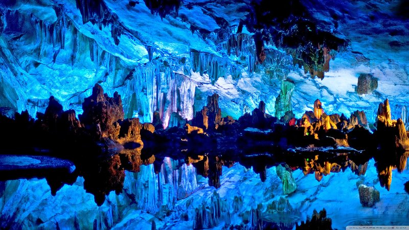 Cave Stalactites and Stalagmites — Blue, Dramatic, Photograph, Water, Lights