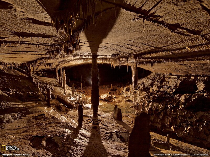 Cave Stalactites and Stalagmites — Brown, Dramatic, Photograph, Rock Formations, Black