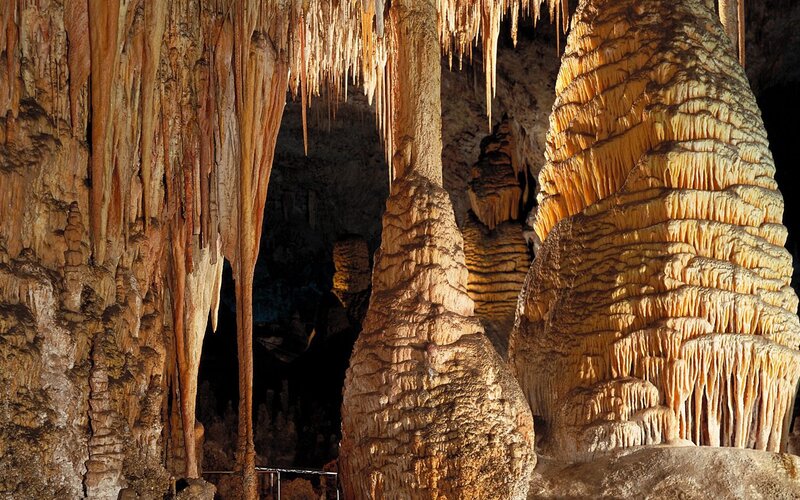 Cave Stalactites and Stalagmites — Brown, Dramatic, Photograph, Rock Formations