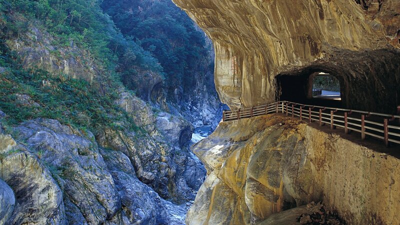 Cave tunnel in a mountain gorge