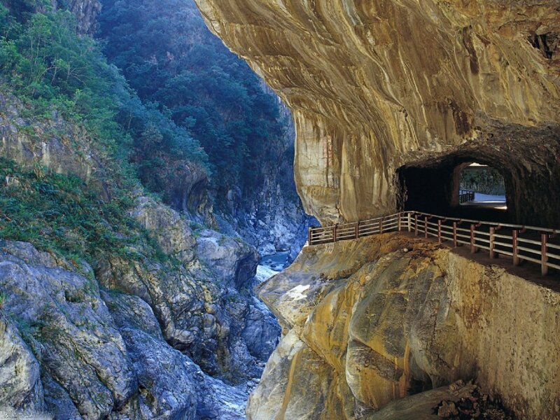 Cave tunnel in a mountain gorge