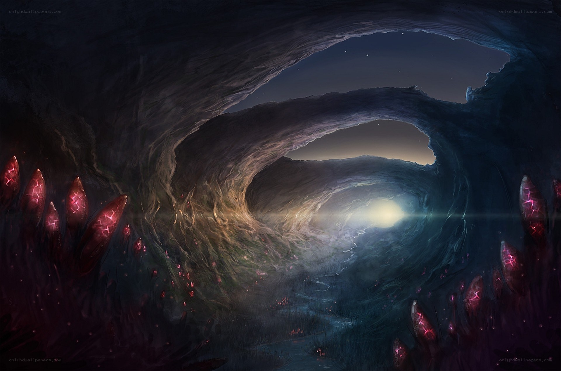 cave tunnel with glowing crystals