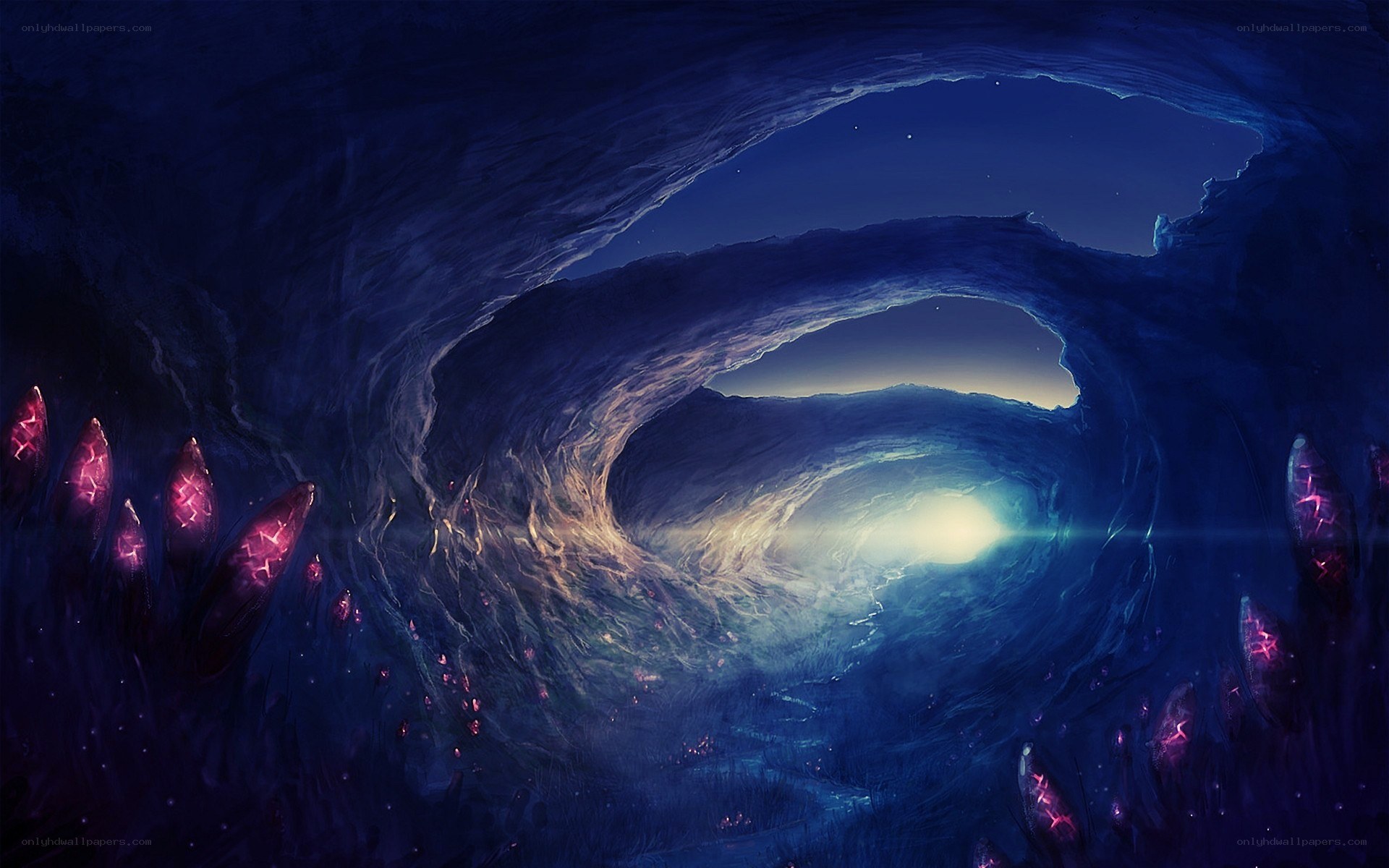 cave tunnel with glowing crystals