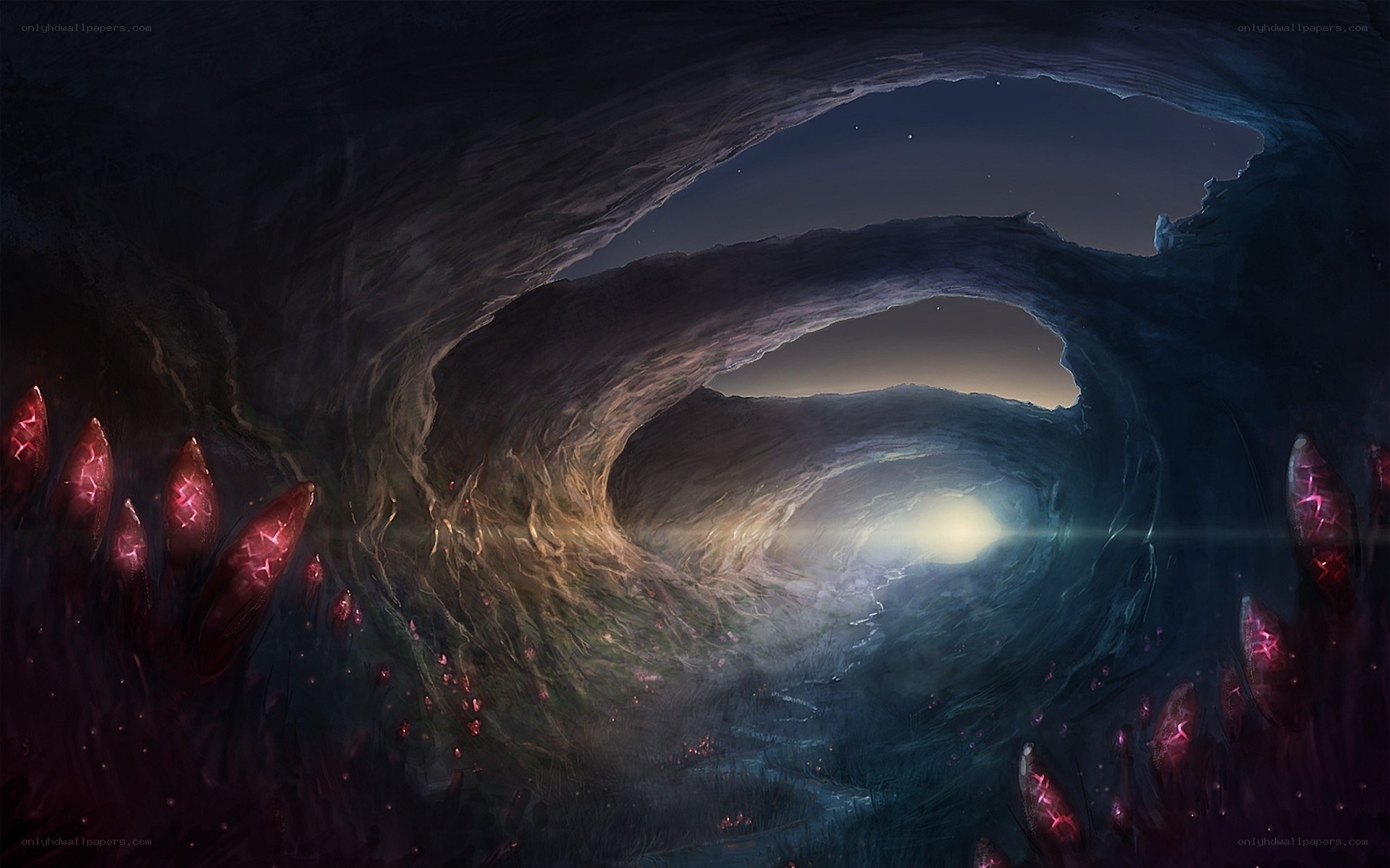 cave tunnel with glowing crystals
