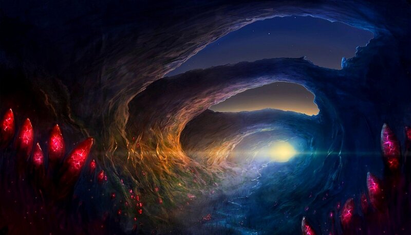 Cave Tunnel with Glowing Crystals — Blue, Dramatic