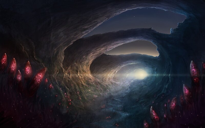 Cave Tunnel with Glowing Crystals — Dark Blue