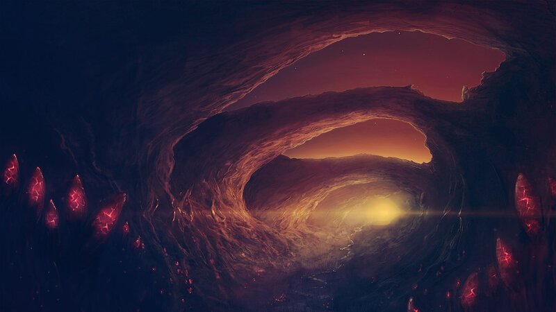Cave Tunnel with Glowing Crystals — Red