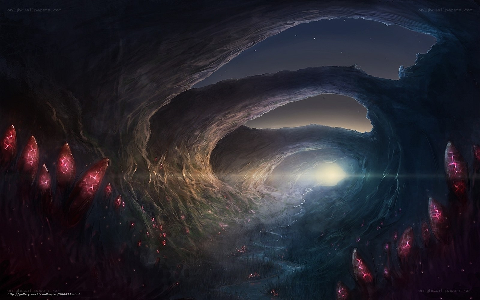 cave tunnel with glowing crystals