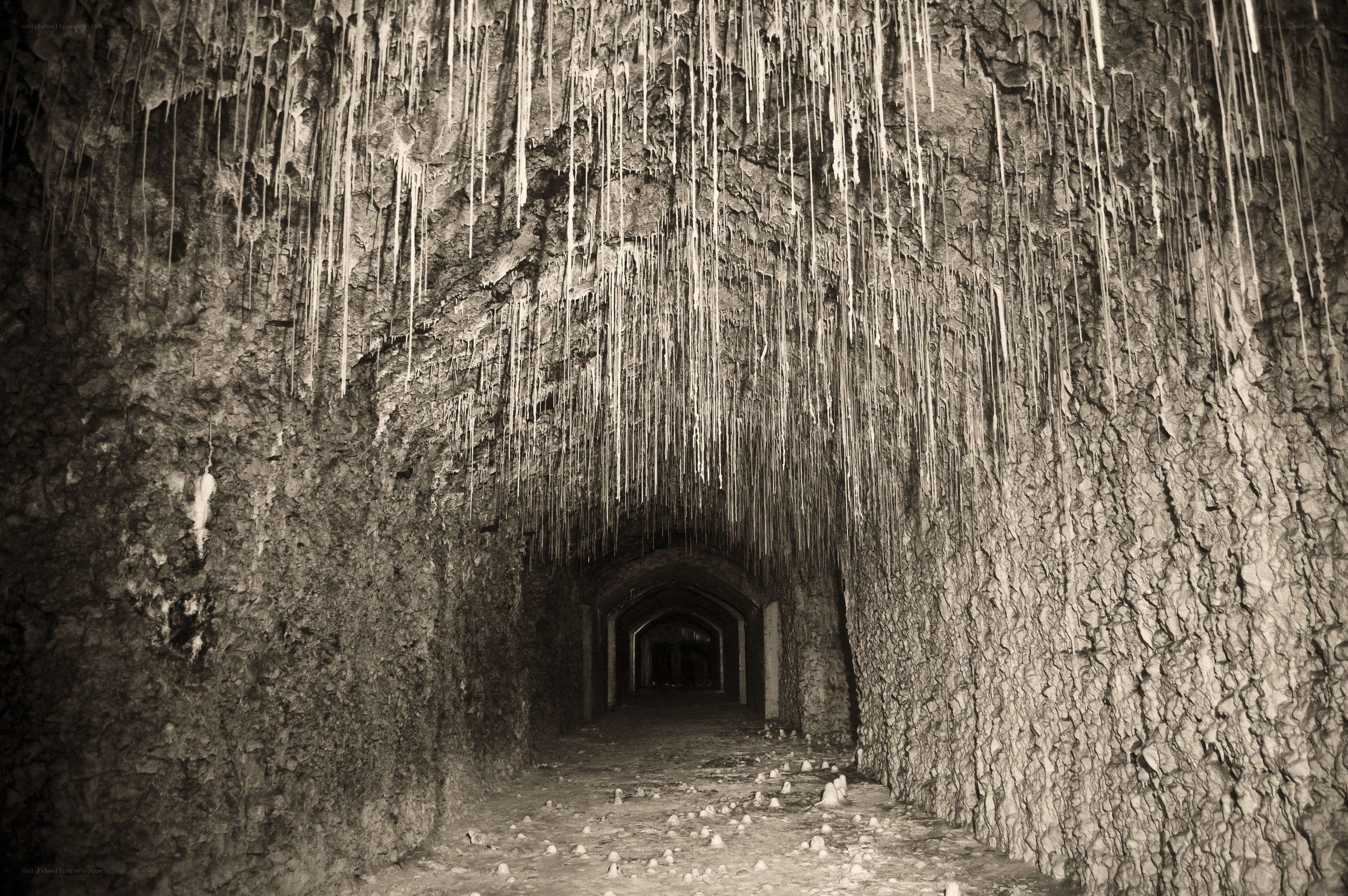cave tunnel with stalactites