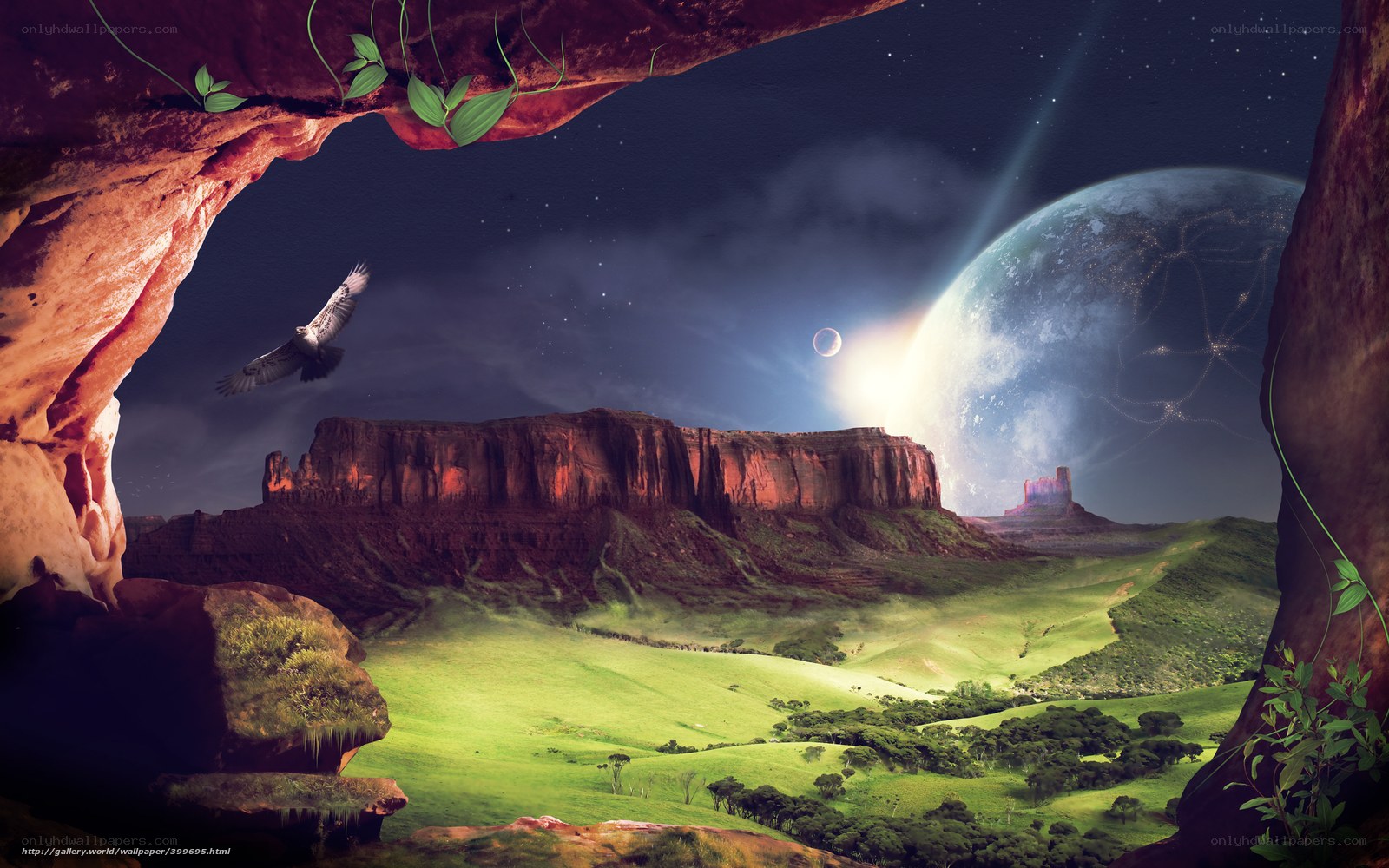 Cave view of alien landscape