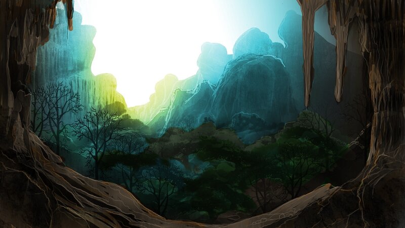 cave view of glowing mountains