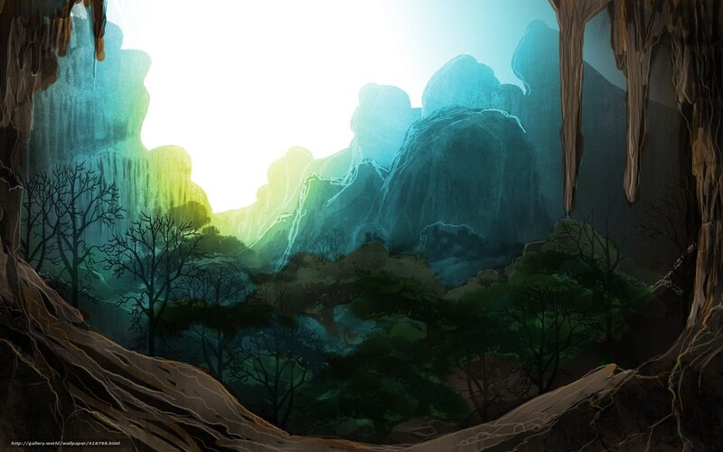 cave view of glowing mountains