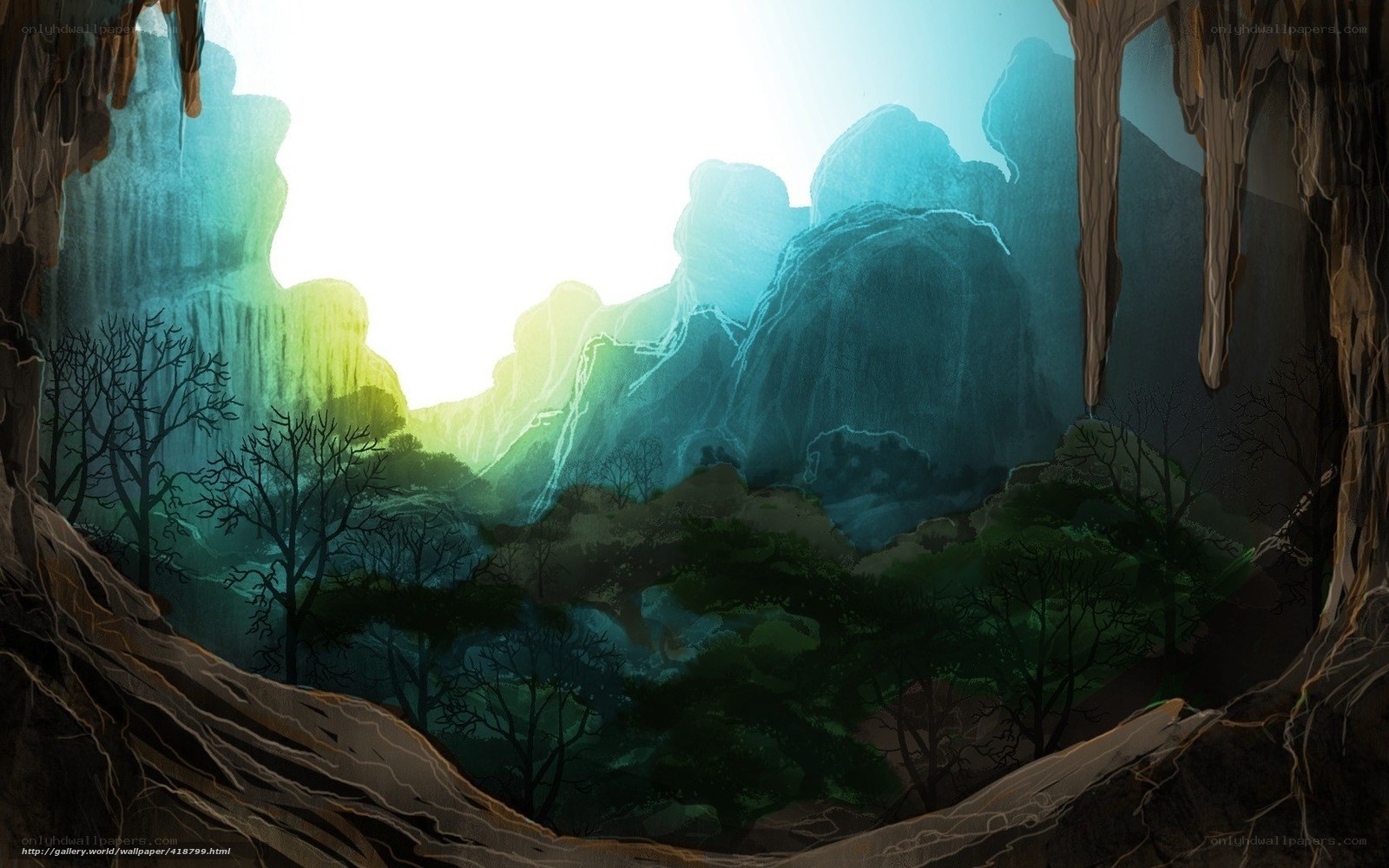 cave view of glowing mountains