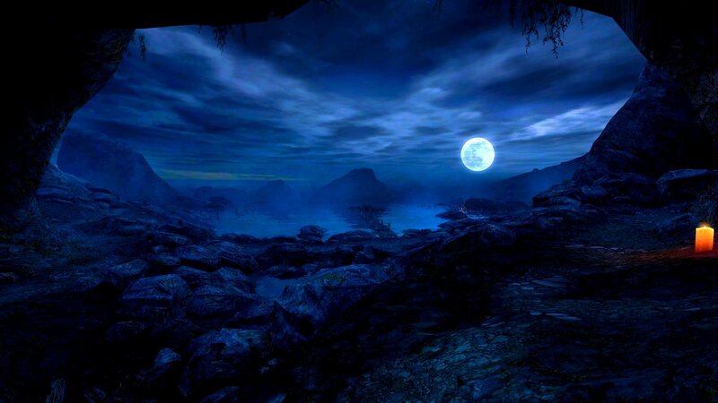 Cave View of Moonlit Lake