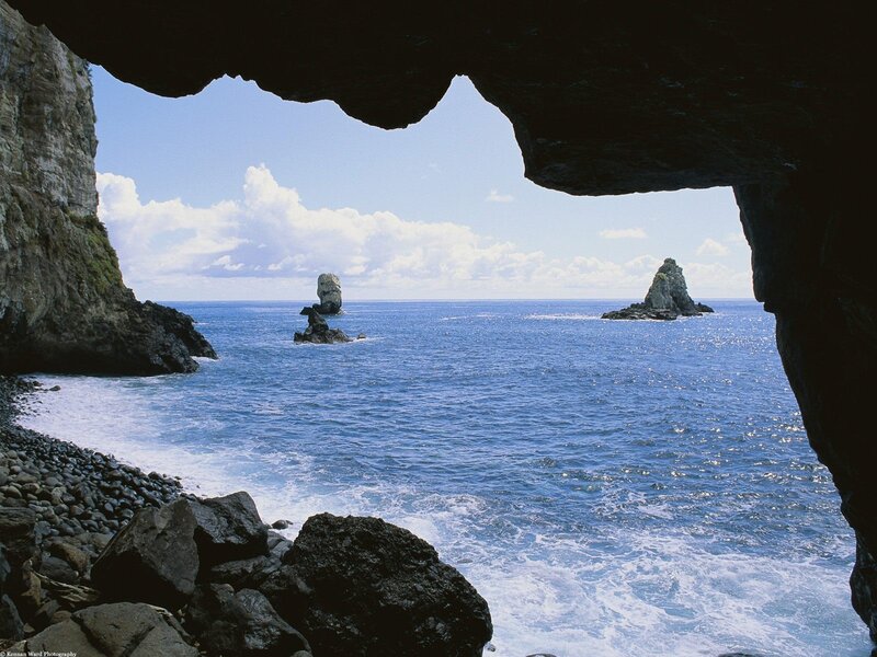 Cave view of ocean and sea stacks