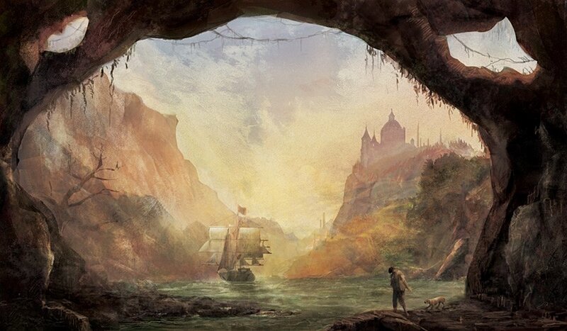 Cave view of ship and castle