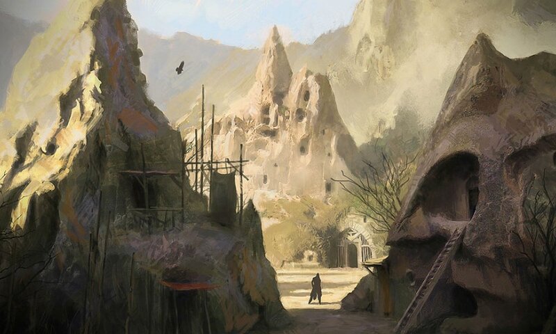Cave village in mountain valley