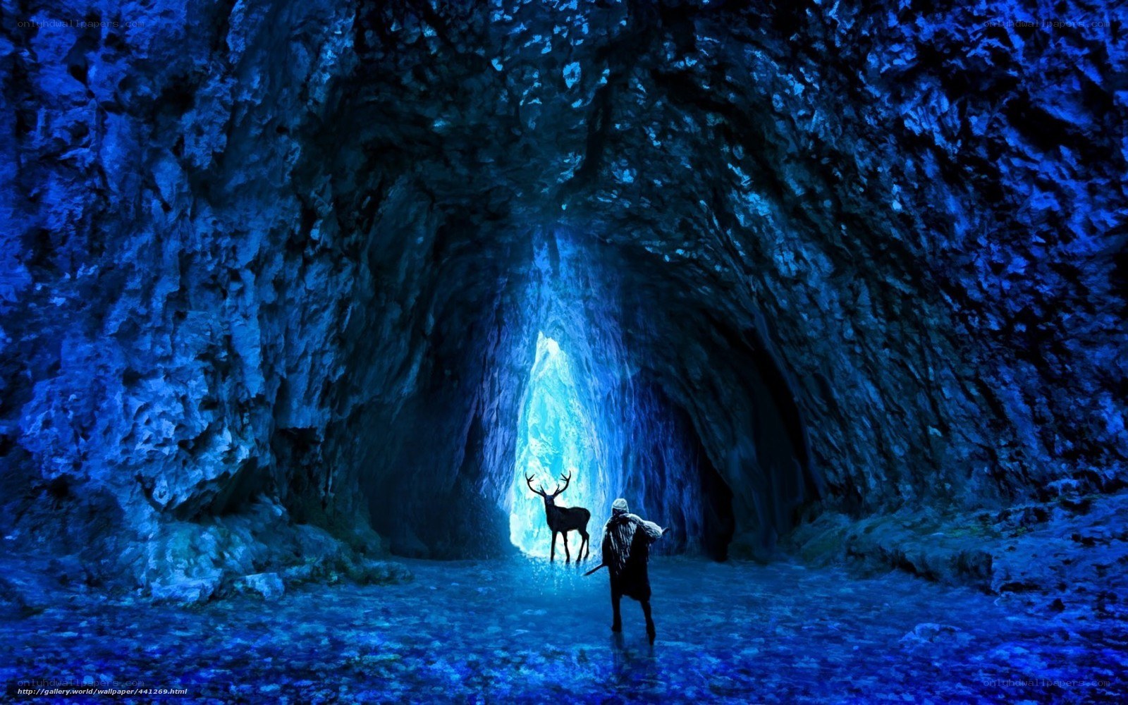 Cave with deer and traveler