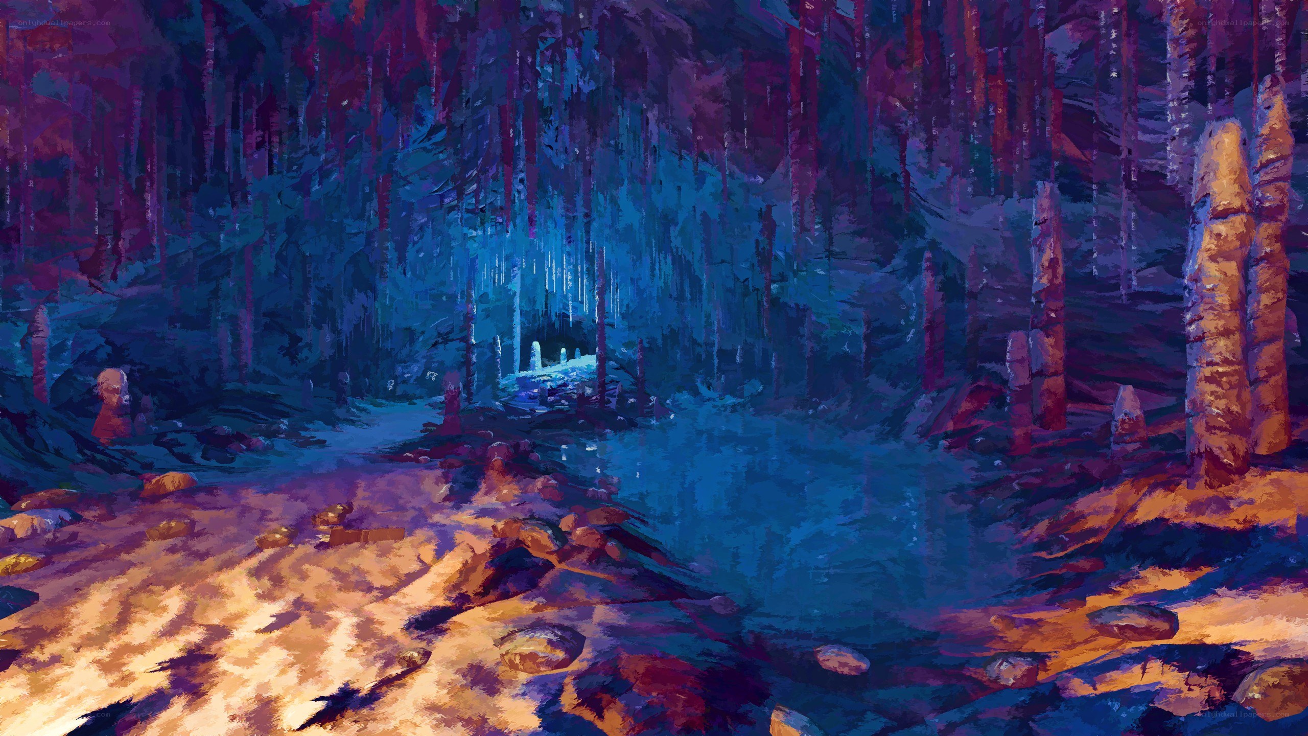 Cave with glowing blue water
