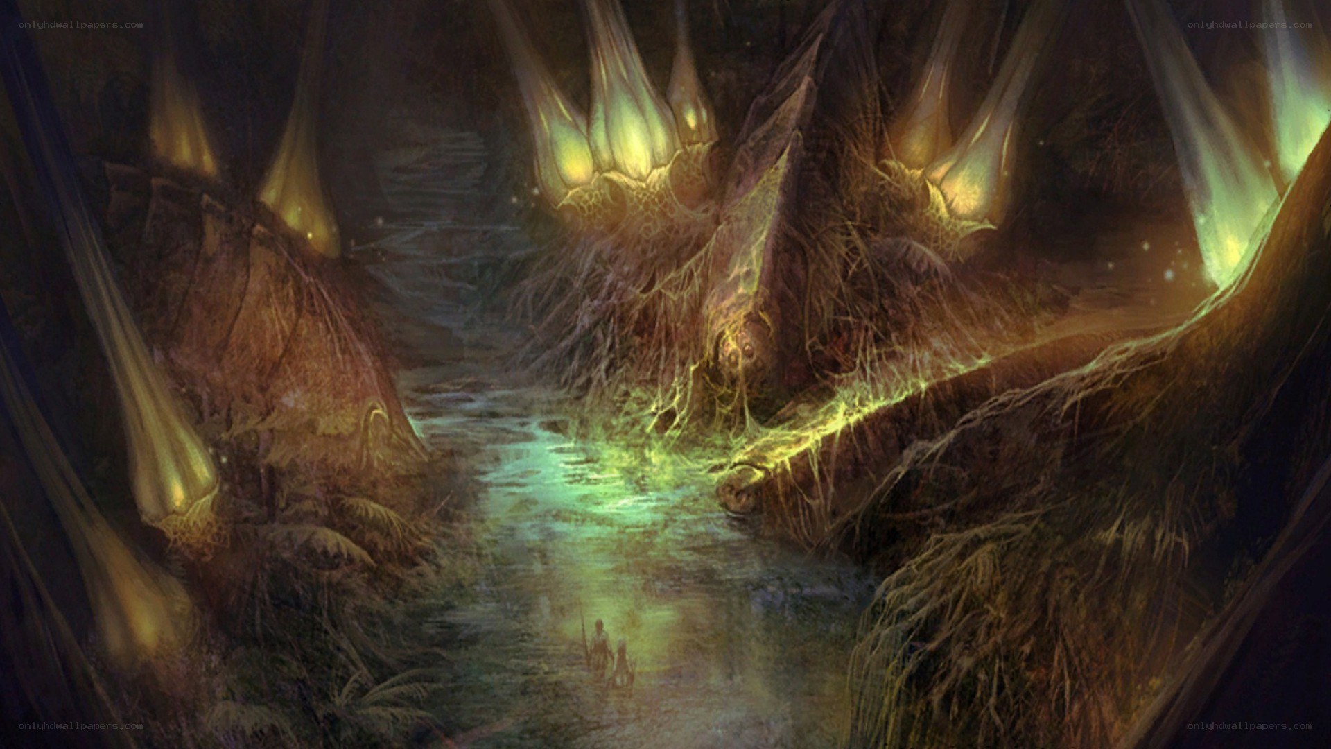 cave with glowing fungi