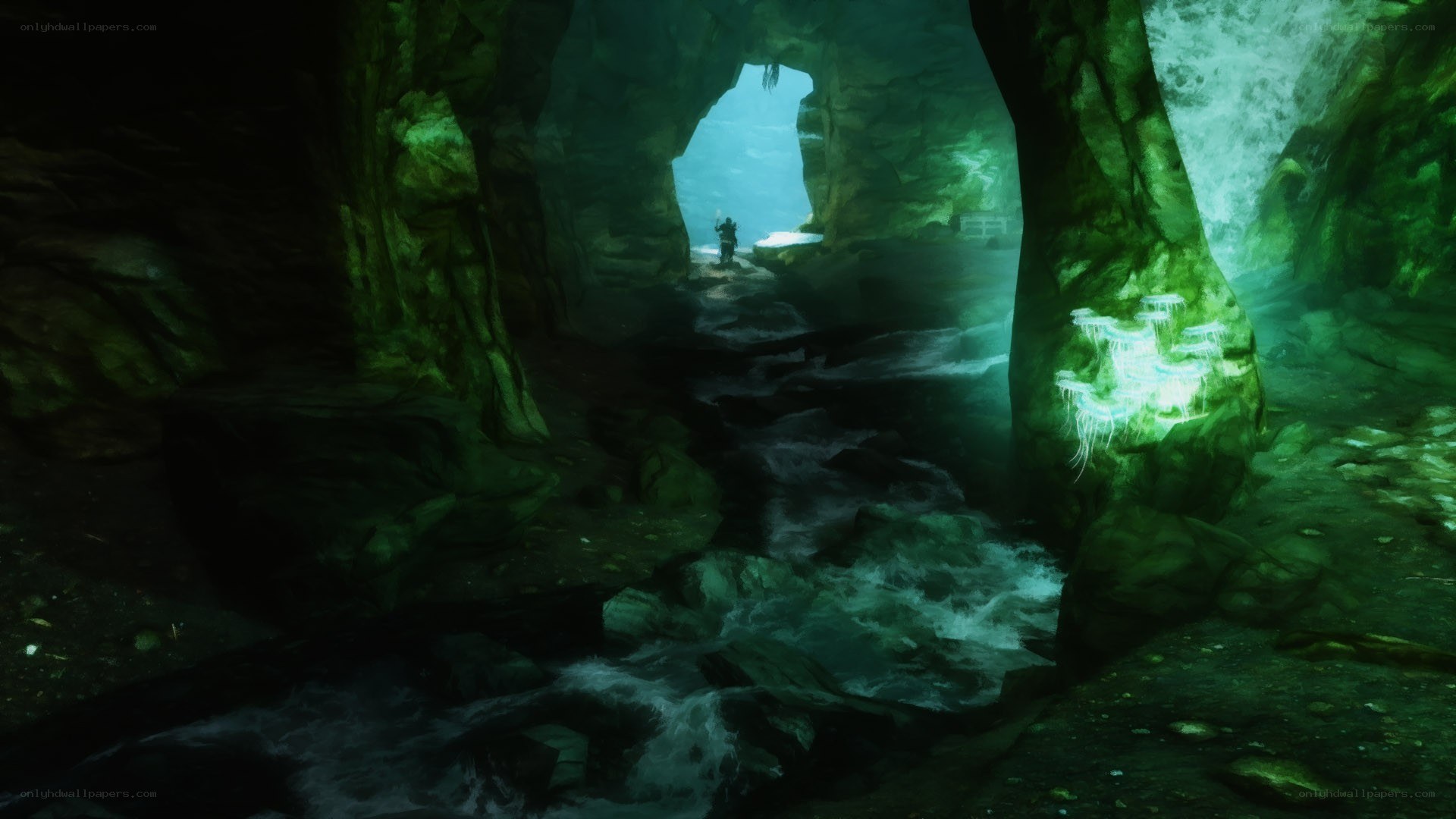 cave with glowing green crystals