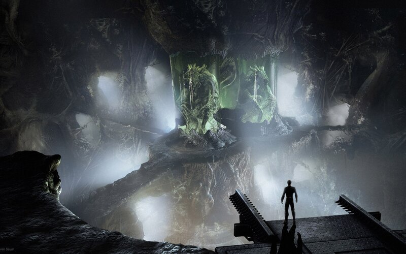 Cave with glowing statues