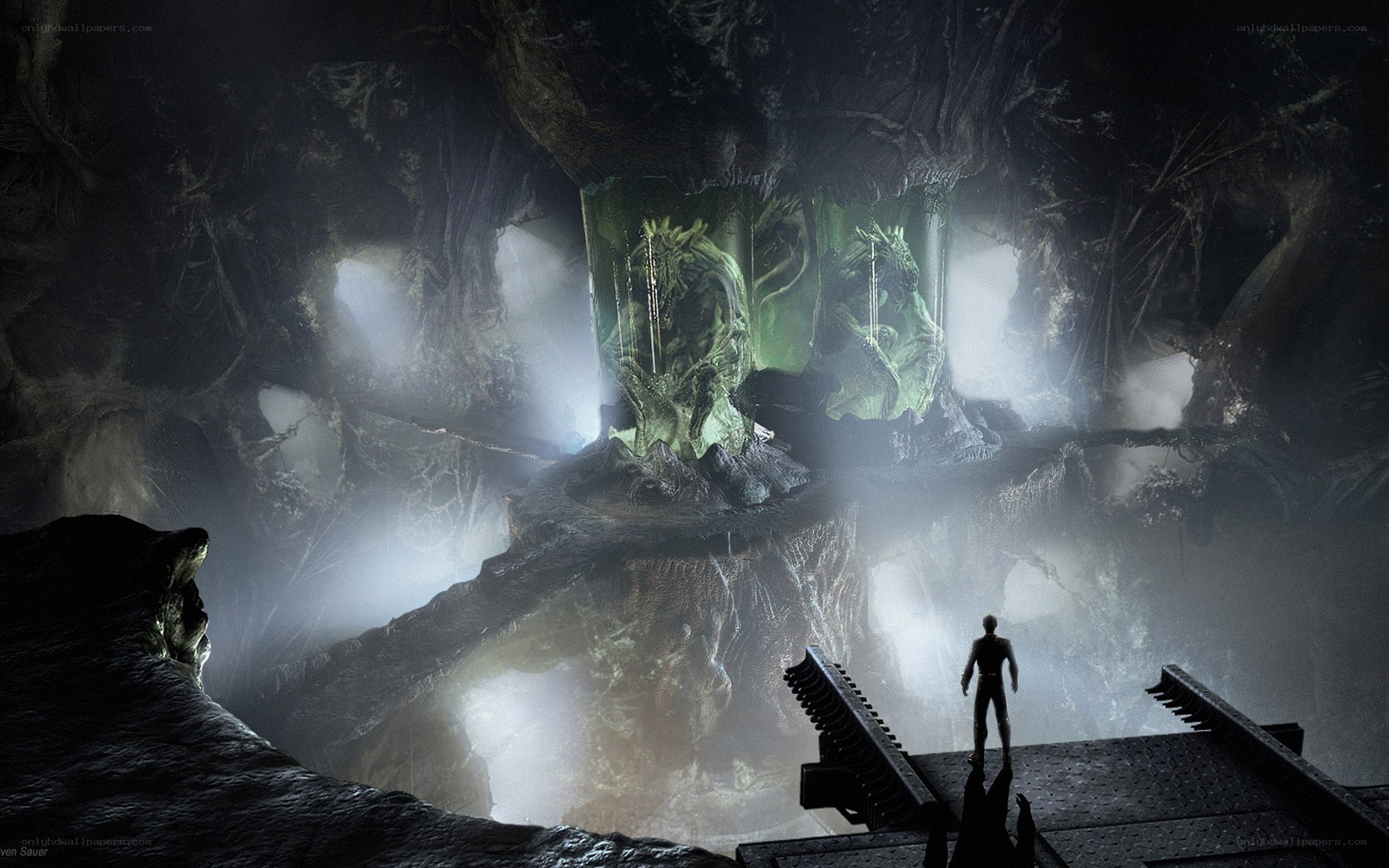 Cave with glowing statues