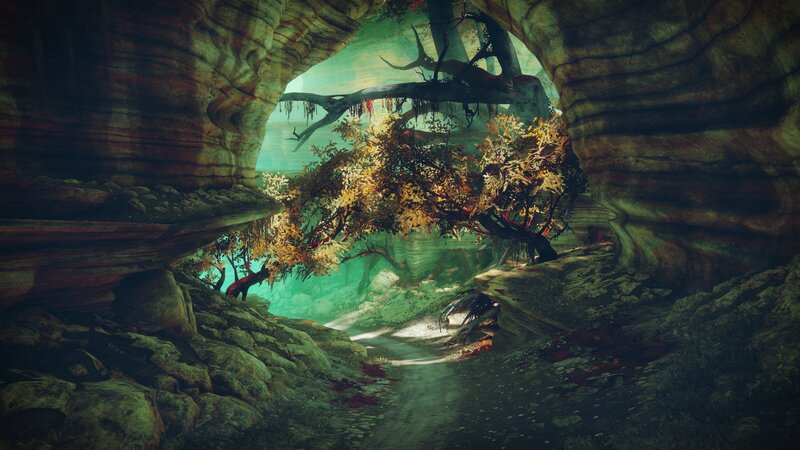 Cave with Glowing Trees — Green, Mysterious