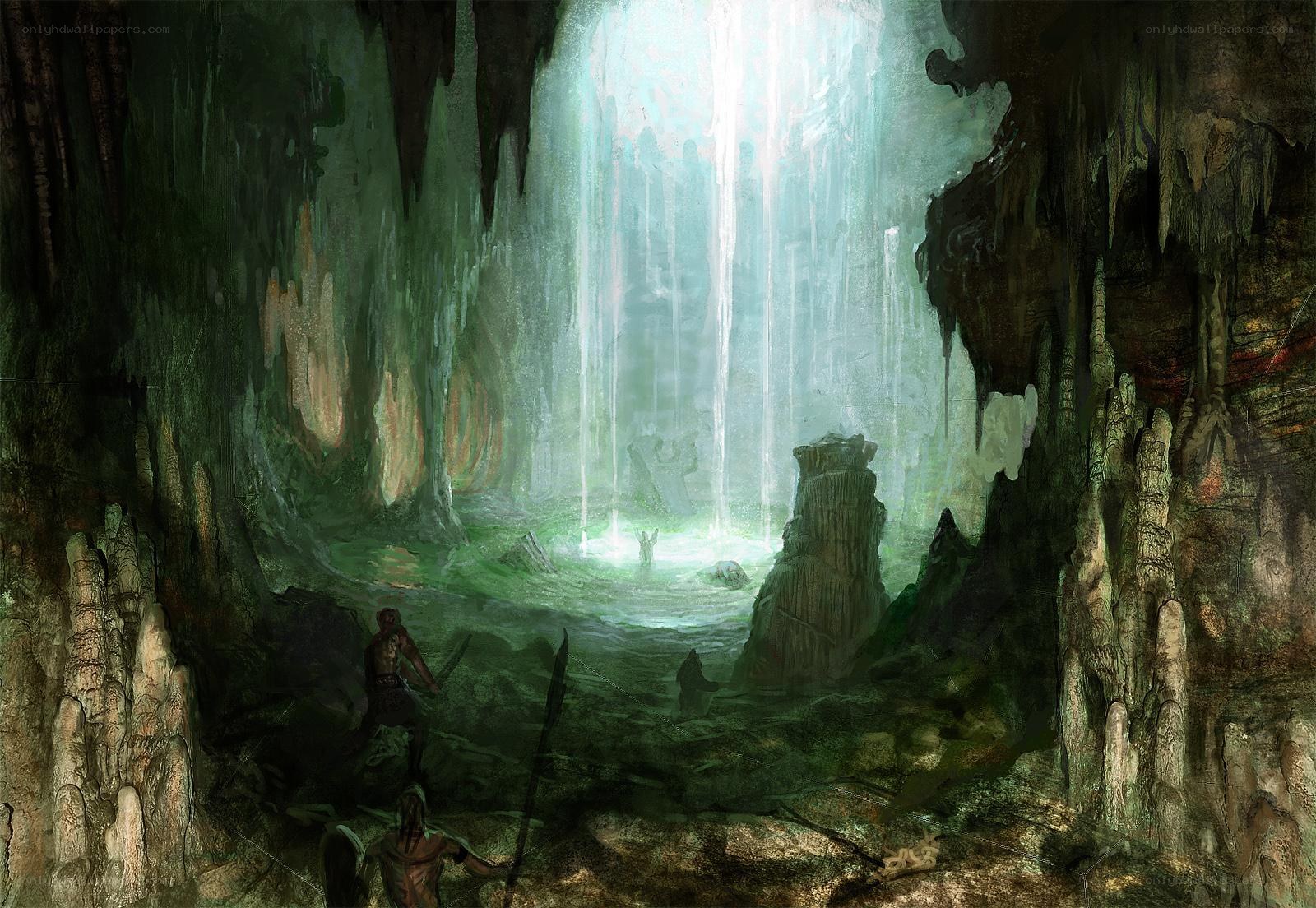 cave with glowing waterfall