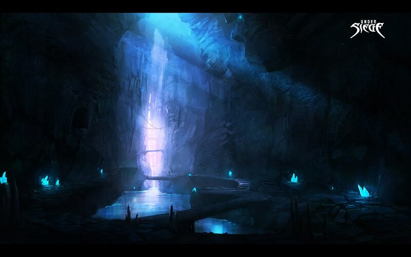 Cave with Glowing Waterfall — Blue