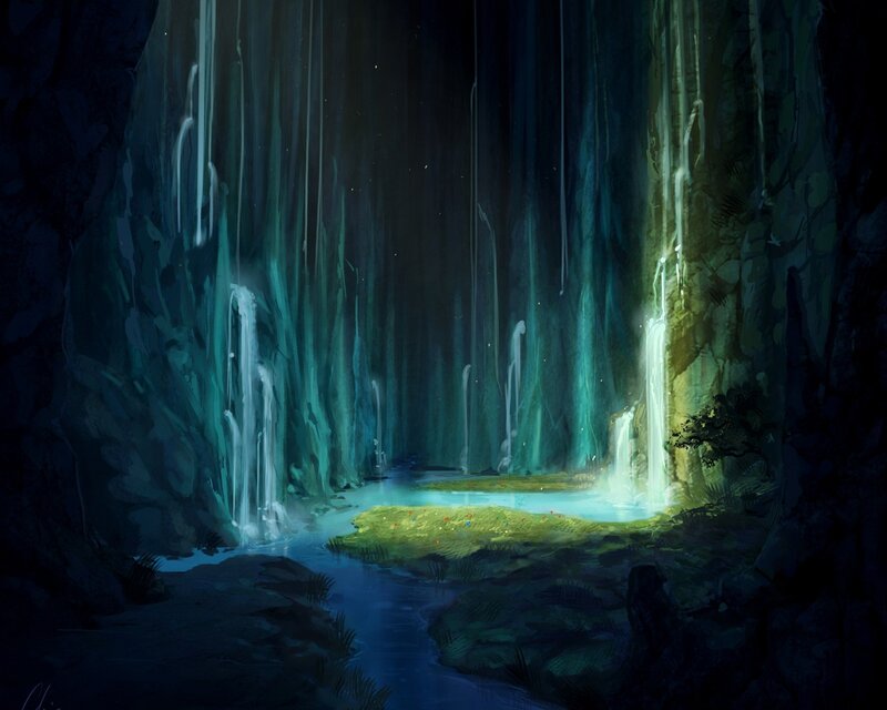cave with glowing waterfalls