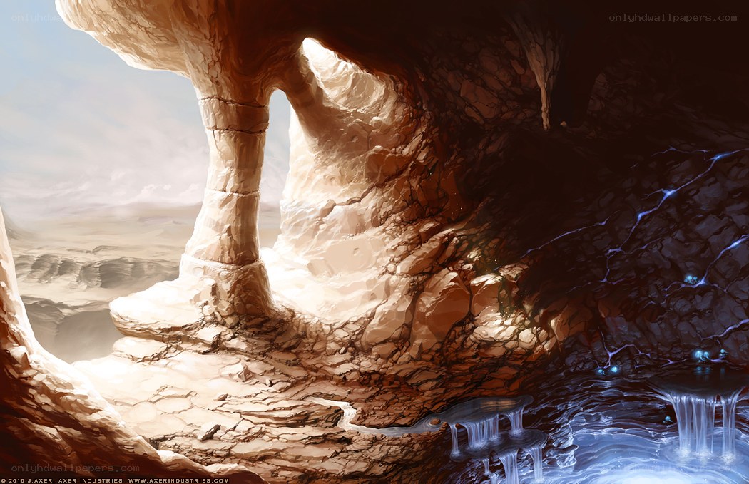 cave with glowing waterfalls