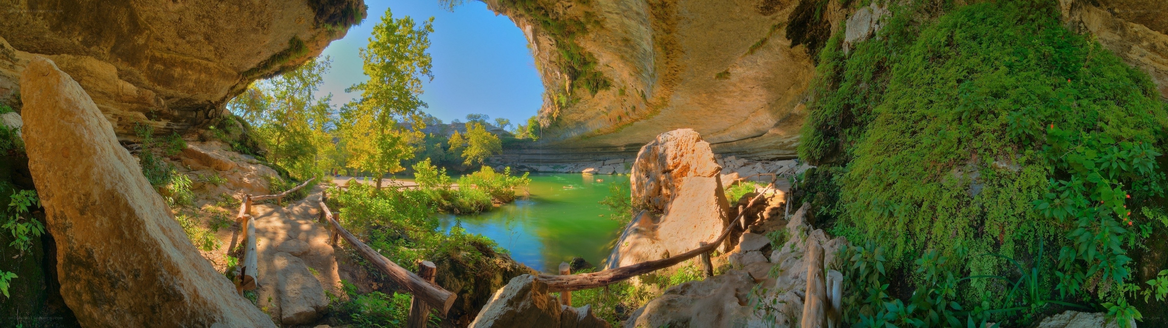 cave with green pool and trees