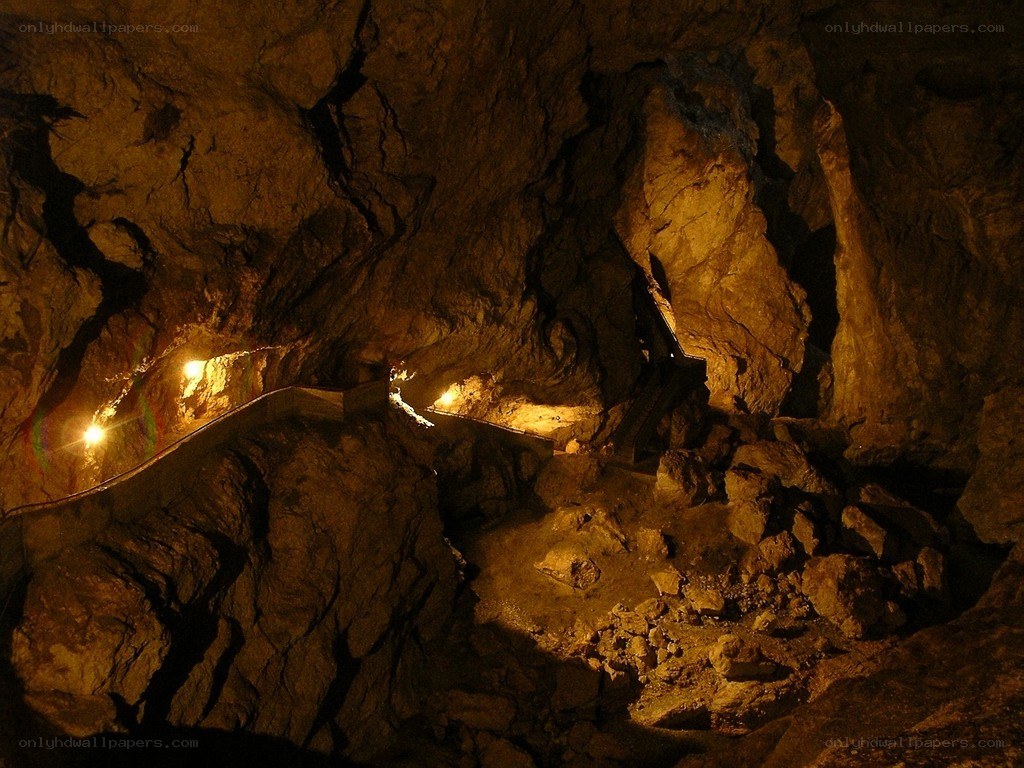 Cave with illuminated walkway