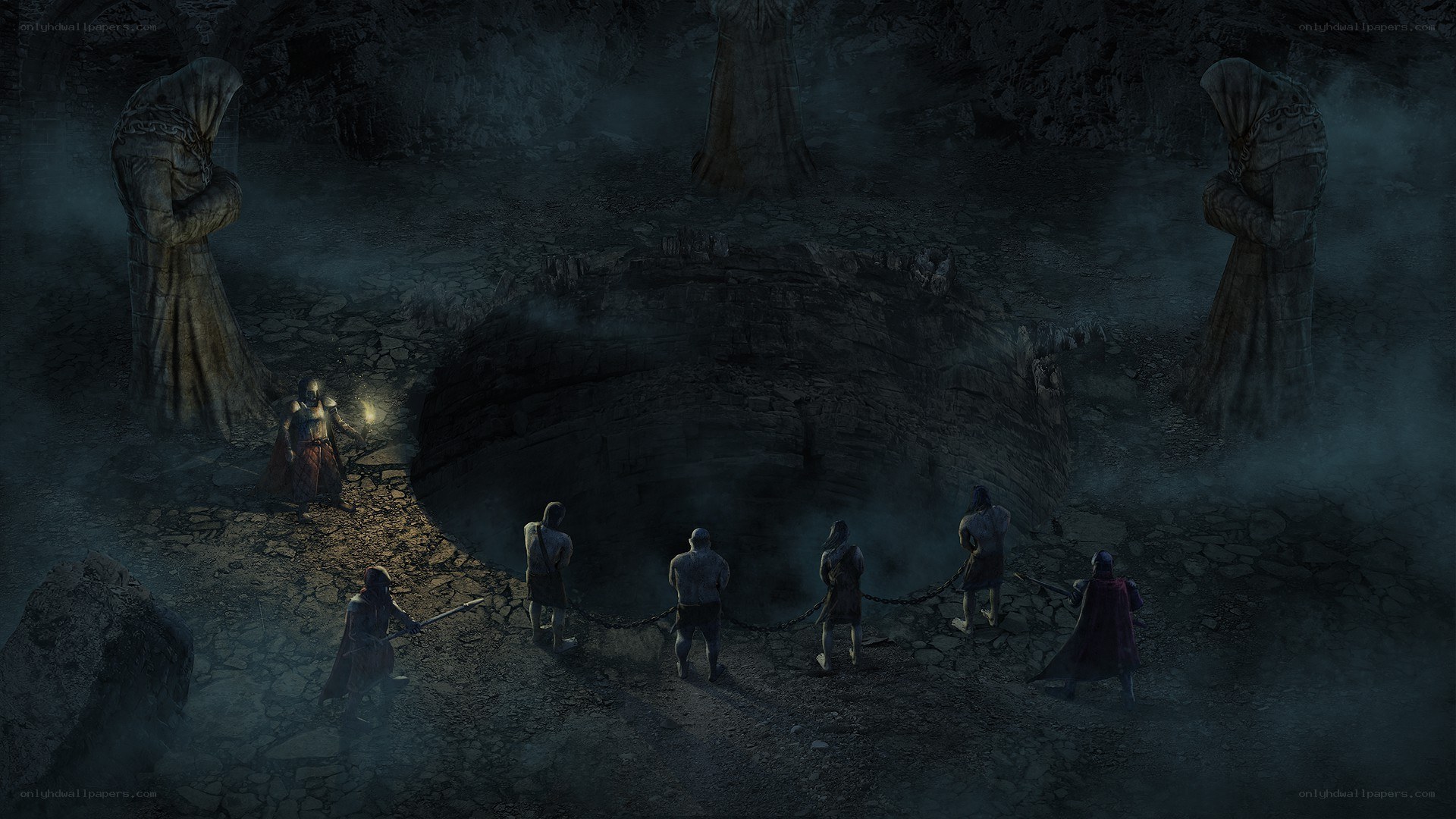 Cave with prisoners and statues