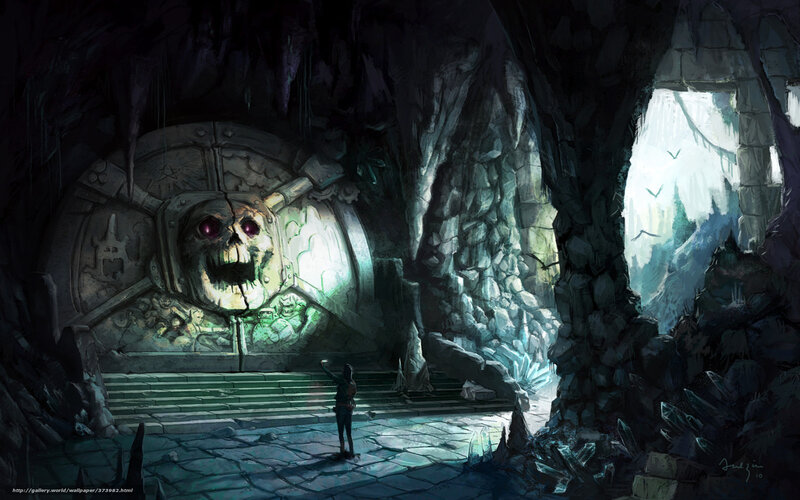 cave with skull door