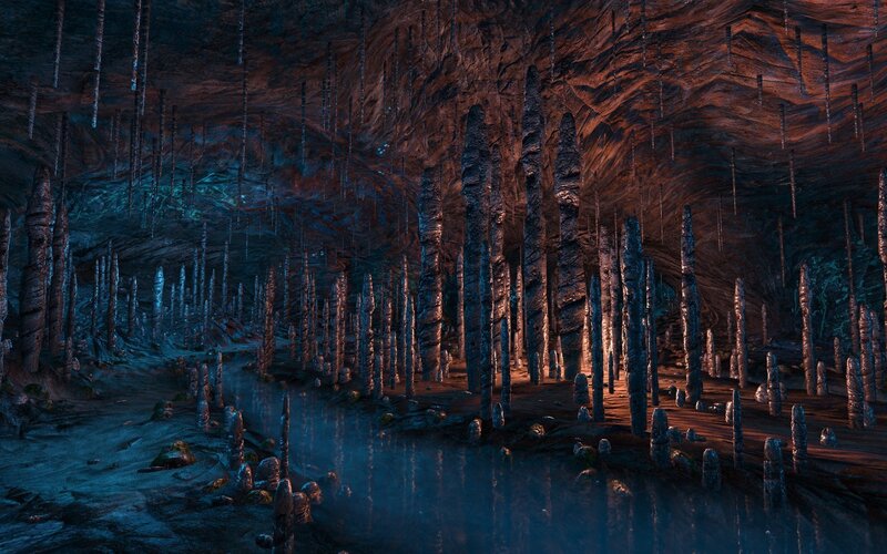 Cave with Stalactites and Stalagmites — Blue