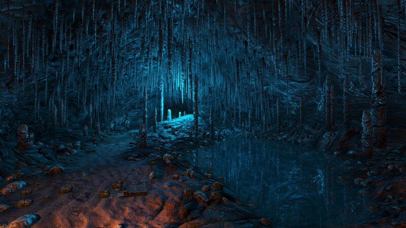 cave with stalactites and water
