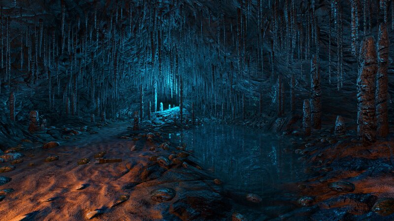 Cave with Stalactites — Blue, Dark, 3d Render, Pool of Water