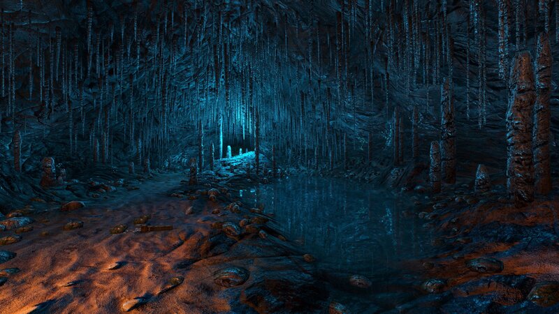 Cave with Stalactites — Blue, Dark, Night, 3d Render, Stalagmites, Pool