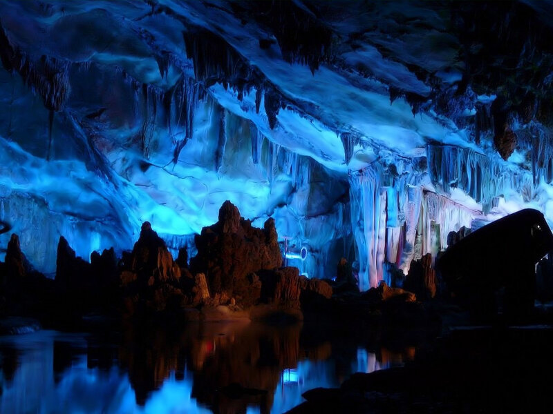 Cave with Stalactites — Blue, Dramatic, Night, Photograph, Stalagmites