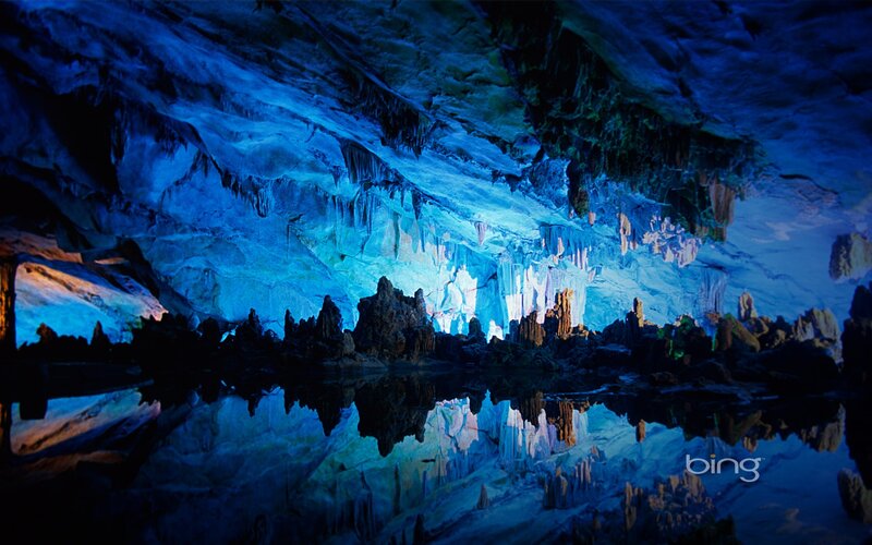 Cave with Stalactites — Blue, Dramatic, Photograph, Stalagmites, Water
