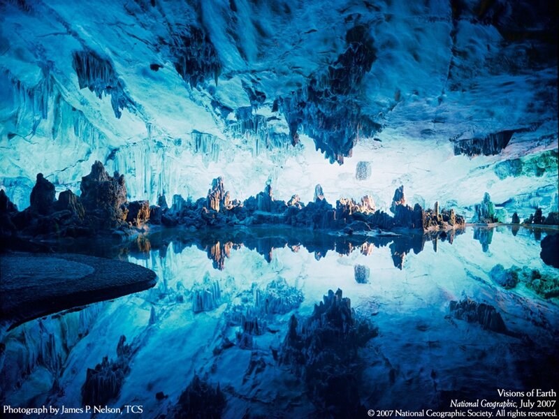 Cave with Stalactites — Blue, Dramatic, Photograph, Stalagmites, Water, White
