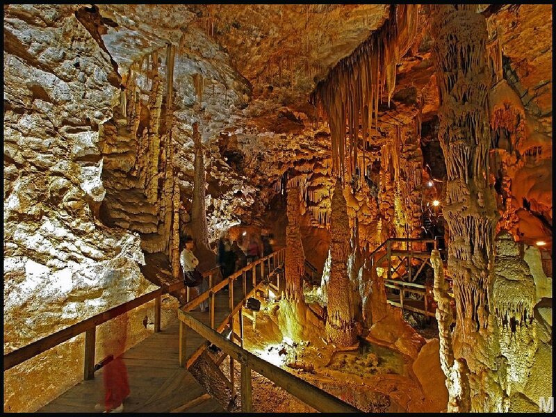 Cave with Stalactites — Brown, Dramatic, Photograph, Stalagmites, Wooden Walkway