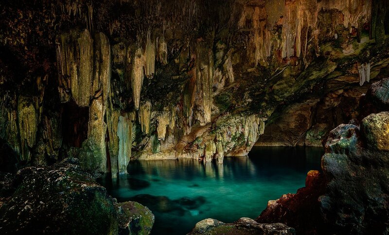 Cave with Stalactites — Green, Dramatic, Photograph, Pool