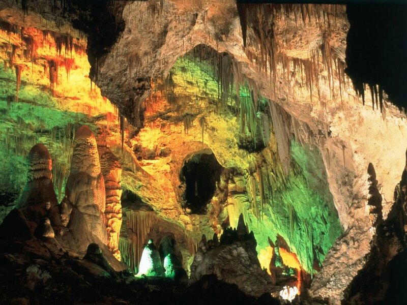 Cave with Stalactites — Green, Dramatic, Photograph, Stalagmites, Rock Formations, Yellow
