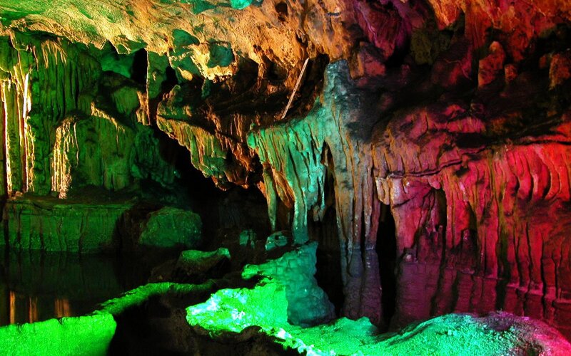 Cave with Stalactites — Green, Dramatic, Photograph, Stalagmites, Water, Red
